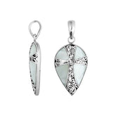 Sterling silver teardrop cross pendant with luminous Mother of Pearl – handcrafted Bali jewelry, a meaningful gift